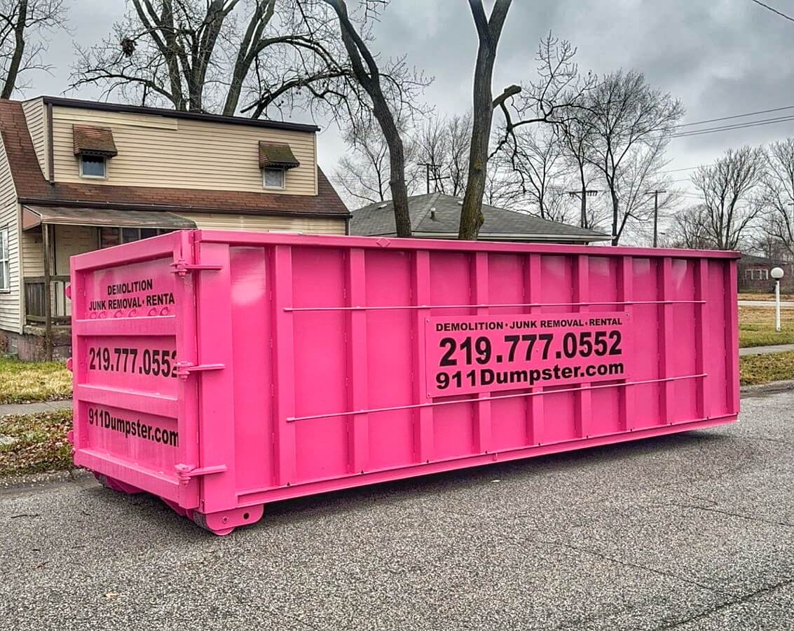Pink Dumpster by 911 Dumpster - Eco-Friendly Waste Management and Community Support in North West Indiana.